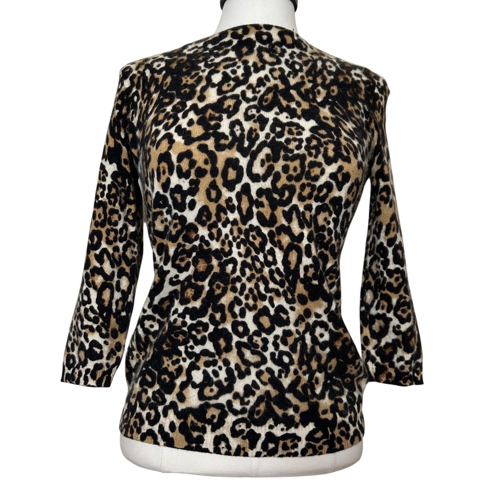 Talbots Petite Pure 100% Cashmere Leopard Print 3/4 Sleeve Pullover Sweater